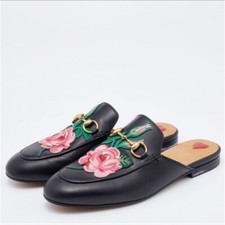 Gucci Embroidered Floral Leather Princetown Horsebit Mules 37