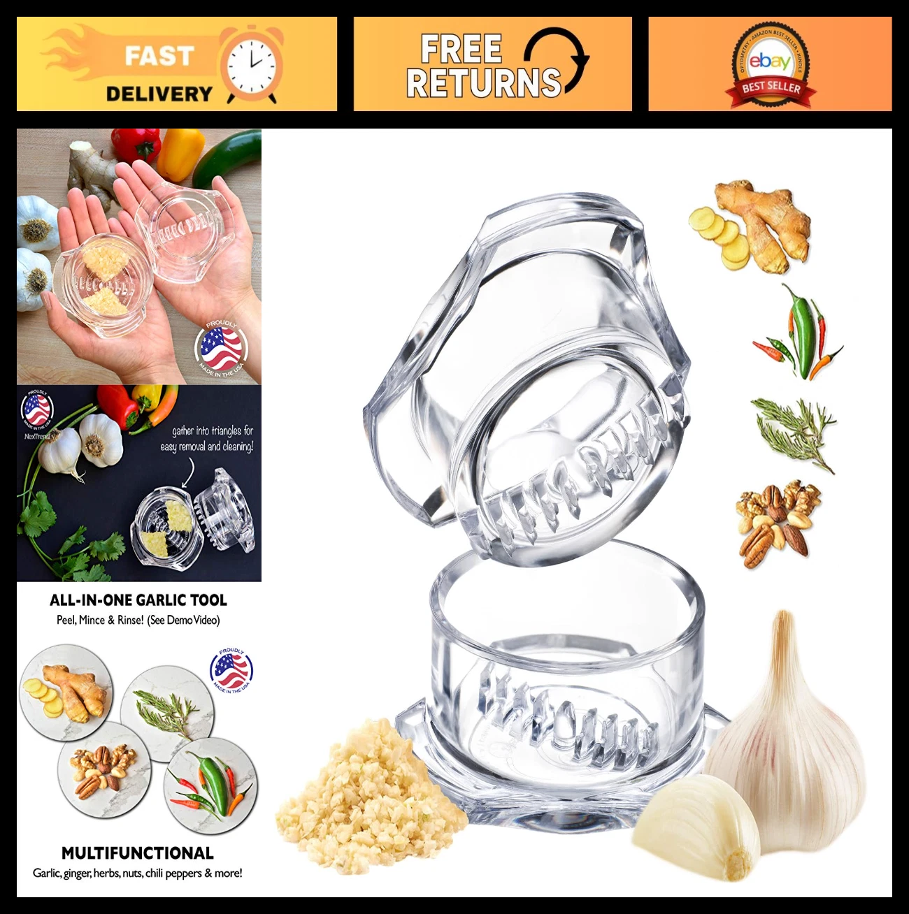 Garlic Twister Mincer & Press - BPA-Free, Dishwasher Safe, 3-5 Clove Capacity, C