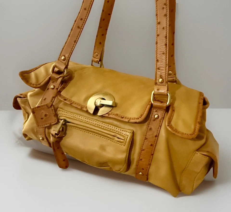 Bolsa satchel de couro vintage anos 90 Y2k baguete mostarda e marrom alça dupla luxo - Imagem 4 de 4