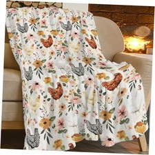 Chicken Floral Blanket Rooster Hen Printed Decor Throw 50"x60" Hens and Flowers