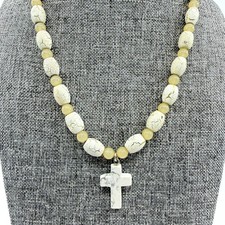 Boho Cross Necklace White Crackle Bead Statement Layering Spiritual Gift Jewelry