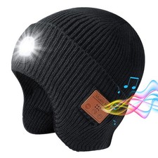 Mens Bluetooth Beanie Light BuiltIn Wireless Headphones Stereo Speakers Black