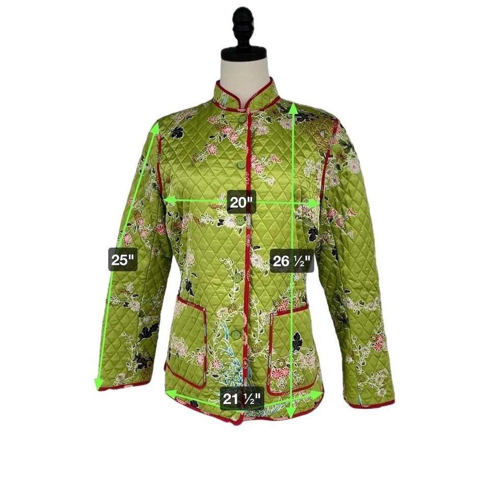 Chaqueta floral acolchada 100 % seda verde M Anne Carson para mujer cierre de botones Foto 3 de 4