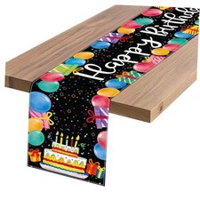 Black Happy Birthday Table Runner, Colorful Balloon Kitchen Dining Table