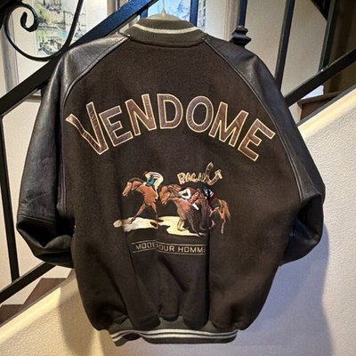 Vendome Embroidered Racing Varsity Jacket Men Black Brown Leather Sleeve Quilted