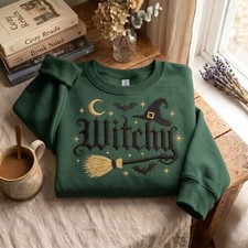 Witchy Haloween Cute Spooky Magic Hat Pink Crewneck Sweatshirt