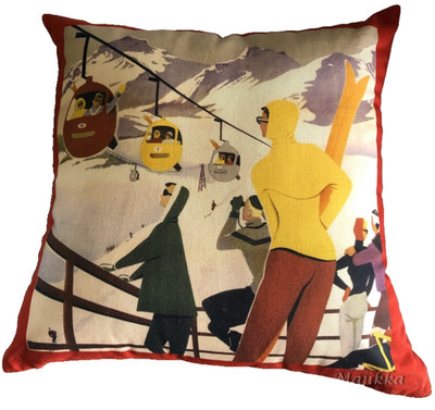 Stof France Throw Pillow Swiss Alpine Chalet Skiers Lift Snow Mountians 20x20