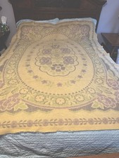 Vintage Wool Blanket 62x80 Floral Ivory Purple