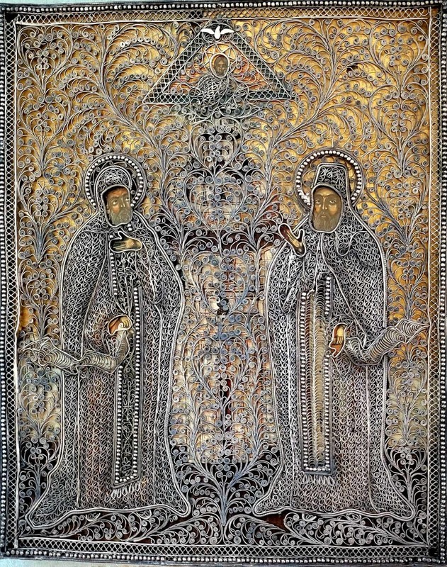 Antique 1858 Russian icon, exquisite and beautiful silver filigree oklad riza   