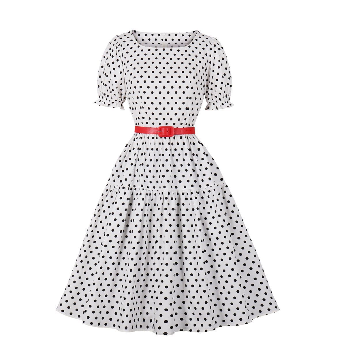 CISMARK Women's Vintage Polka Dot Pencil Dress | Short Sleeve Falbala Fold Slim Fit Dress - Black - View #4