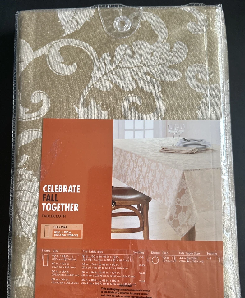 Never Opened CELEBRATE FALL FESTIVE KHAKI TABLECLOTH 60"X102" GOLD LEAVES PRINT - Image 4 of 4