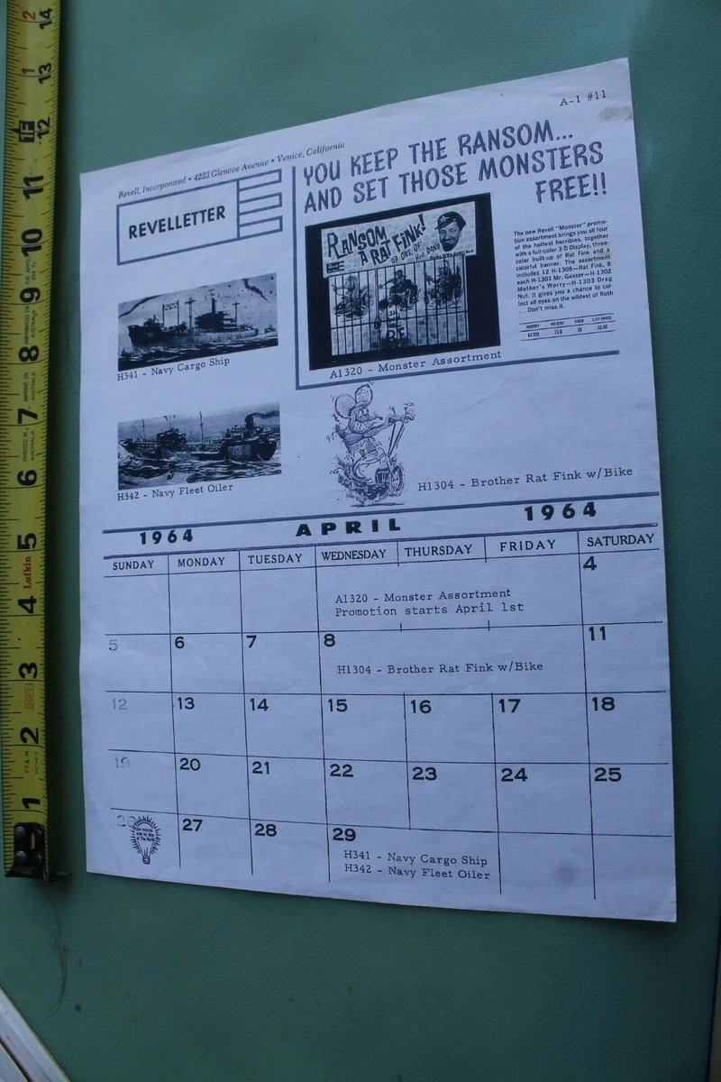 Revell Ed Roth Newsletter Custom Rat Fink CR8 Vintage 1pg. 1964 April  CALENDAR | eBay