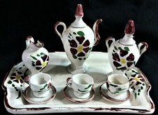 Miniature Ceramic Tea Set with Distressed Tray-12 Pieces-Brown Spots on White