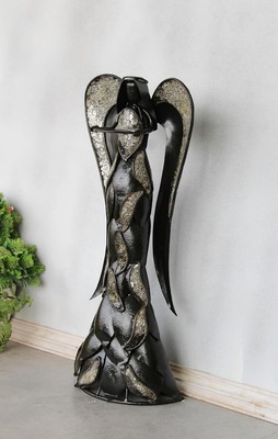 Vintage Antique Iron Angel Figurine with Mirror Work Handcarved Angel Black