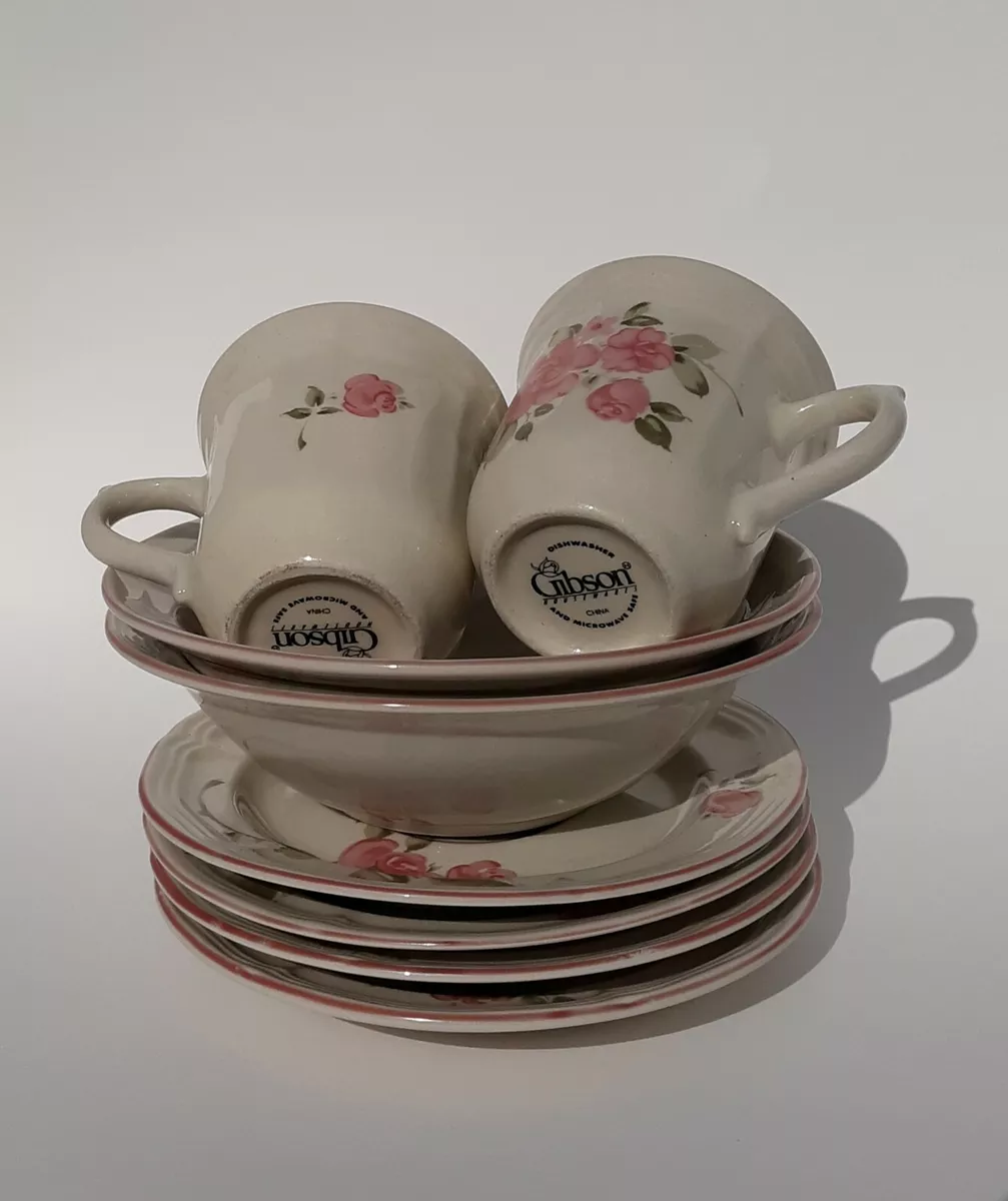 Gibson China Victorian Rose Pattern Set of 8 Saucer Plate Bowls Coffee Mug