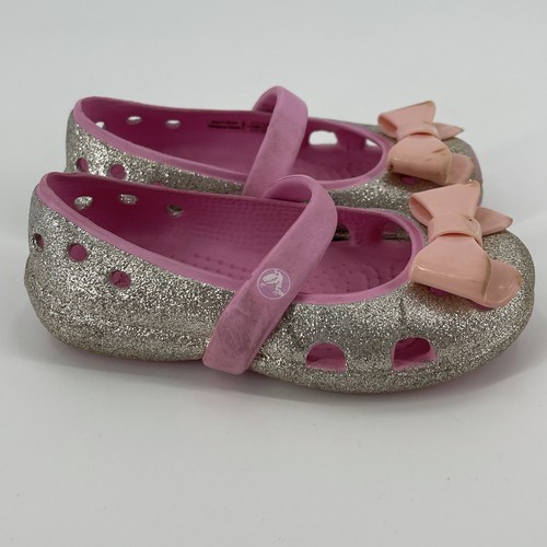 Crocs Girls Toddler Shoes Mary Janes Bow Slip-on Size C 7 Pink Silver Glitter