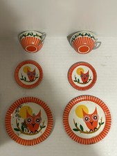 Vintage Halloween OWL Tin Litho Child  s Tea Set Plates  Cups 1970's