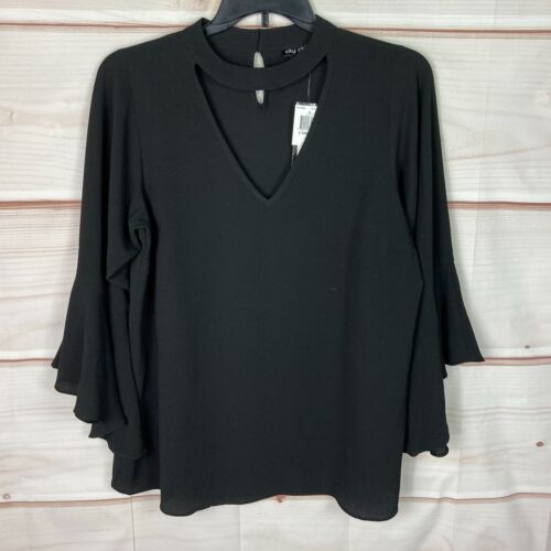 City Chic Top Womens XS 14 Black Choker Neck Blouse Bell Sleeve Solid Pullover