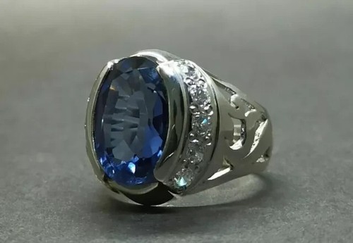 Men's Wedding Ring 14K White Gold Plated 3 Ct Oval Cut Lab Created Blue Sapphire - Picture 3 of 7