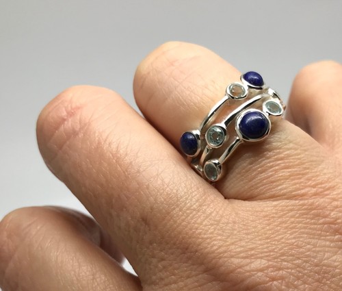 Blue topaz lapis lazuli bubble ring solid Sterling Silver multirow. - Picture 7 of 12