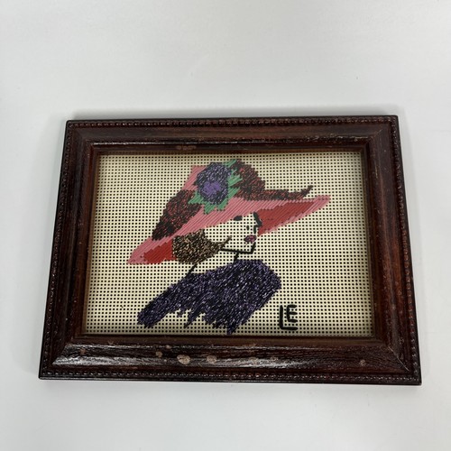 Vintage Wall Art Needlepoint Mini Portrait Woman With Hat Decor Wood Frame - Picture 1 of 7