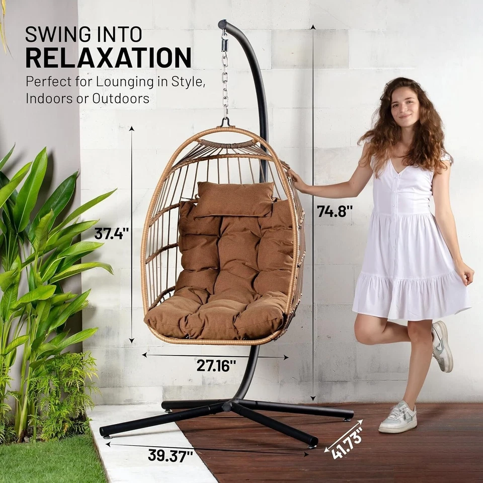 SereneLife Hanging Egg Chair with Stand - Up to 550 lbs of Capacity (Brown) - Image 3 of 4