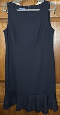 RSVP Talbots Navy Flounce Ponte Sheath Dress Size 12 Eyelet Lace Ruffle Bottom
