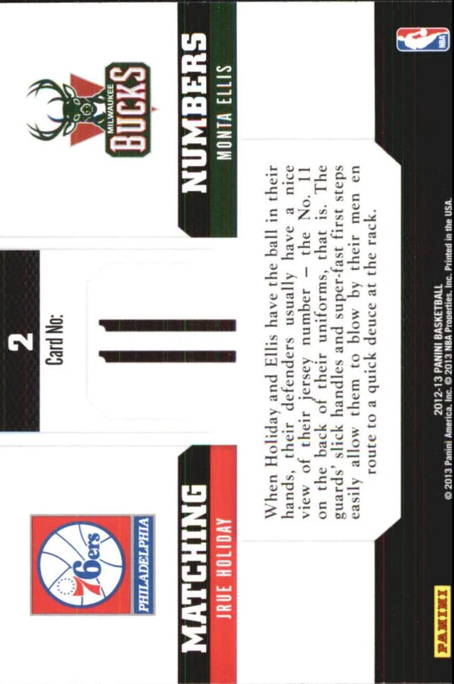 2012-13 Panini Matching Numbers #2 Monta Ellis Jrue Holiday BSK - Image 2 of 2