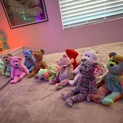 Ty Beanie Babies Plush Lot USA Peace Pastel Bears & Turtle w/ Heart Tags
