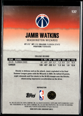 Jamir Watkins - 2025-26 Topps Signature Class Basketball #137