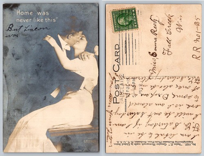 #ad 1913 RPPC Kissing Couple quot;Home Was Never Like Thisquot; Eau Claire WI Postcard $4.44