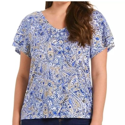 New Rafaella Sportswear, V-Neck Paisley Blouse, Amparo Blue, Medium NWT
