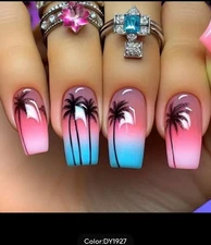 3 24pcs Golden Stripe Press on Nails Shiny Powder Love Design Long Square False