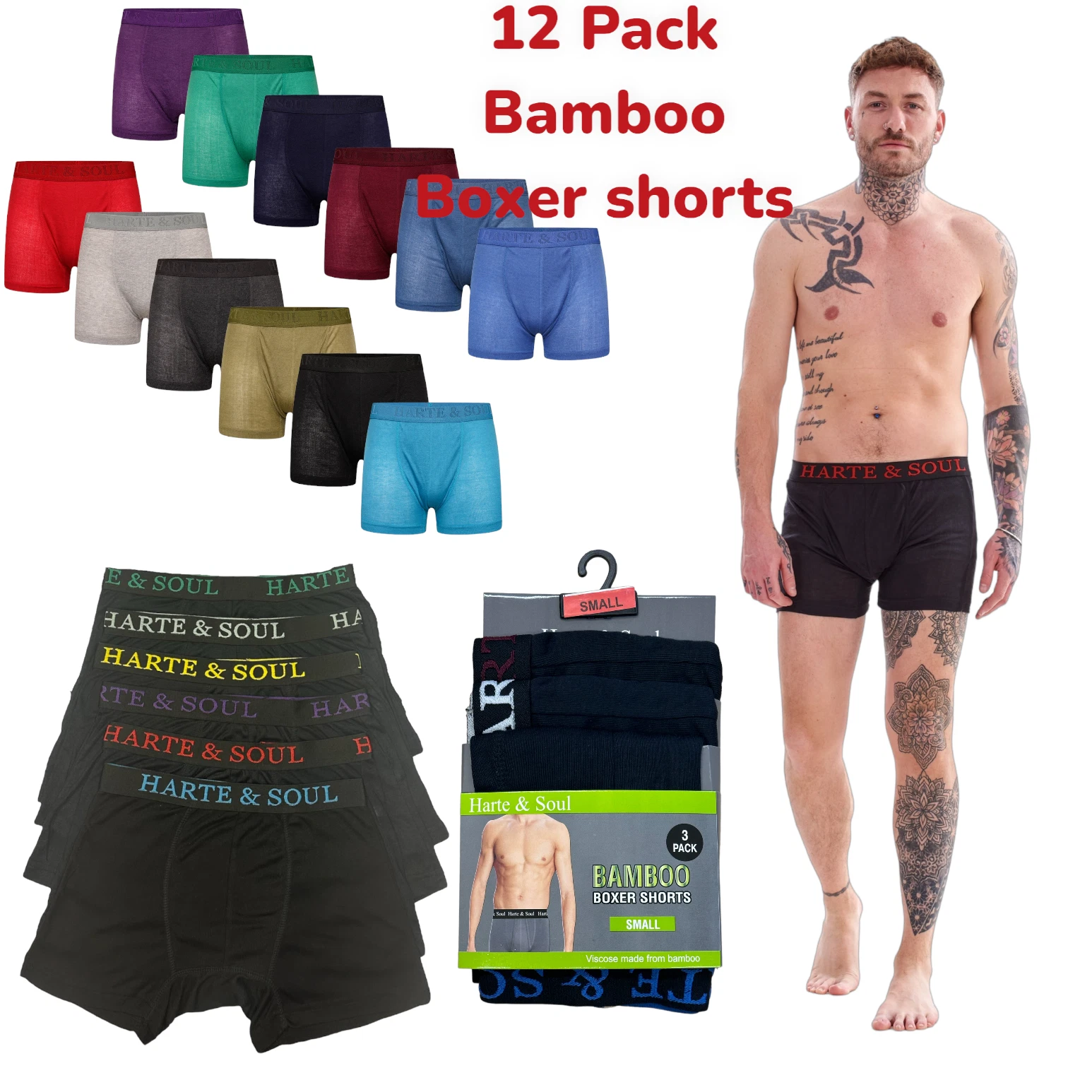 Harte & Soul 12 Pack Mens Cotton Bamboo Blend Black Asst Colours Boxer Shorts
Opens in a new window