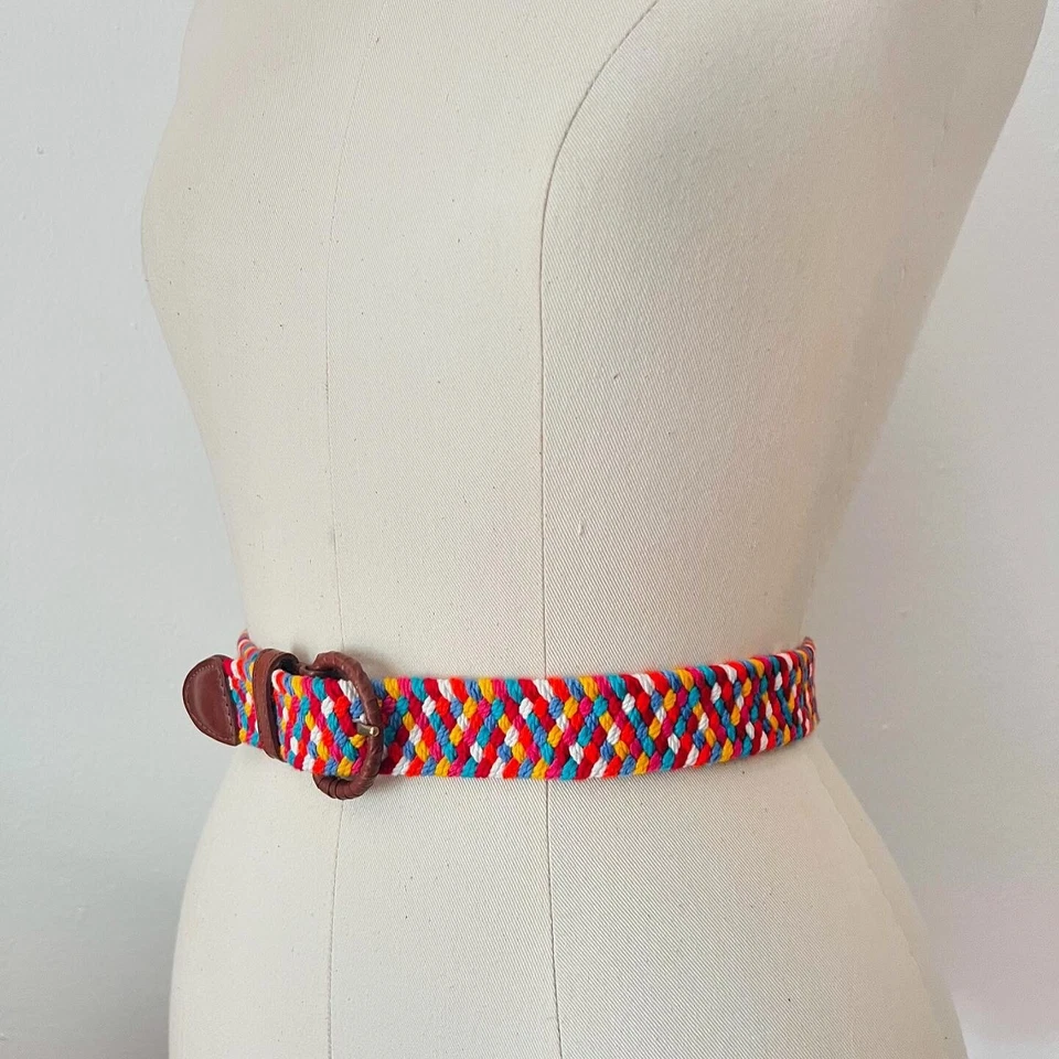 Rainbow Braided Corded 90’s 90s Vintage Cotton Stretch Brown Leather Belt S M L - Image 3 of 4