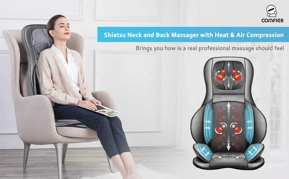 Comfier Neck & Back Massager with Heat - Shiatsu Massage Chair Pad Portable,  New