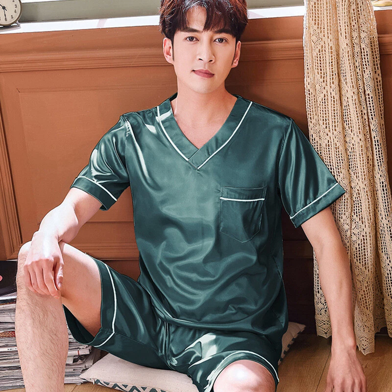 Men Outfit Satin Pullover Nightwear Set Top Shorts Loungewear