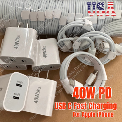 USB C 40W PD Fast Charger Adapter Type C Cable For iPhone 16 15 14 13 12 11 Lot
