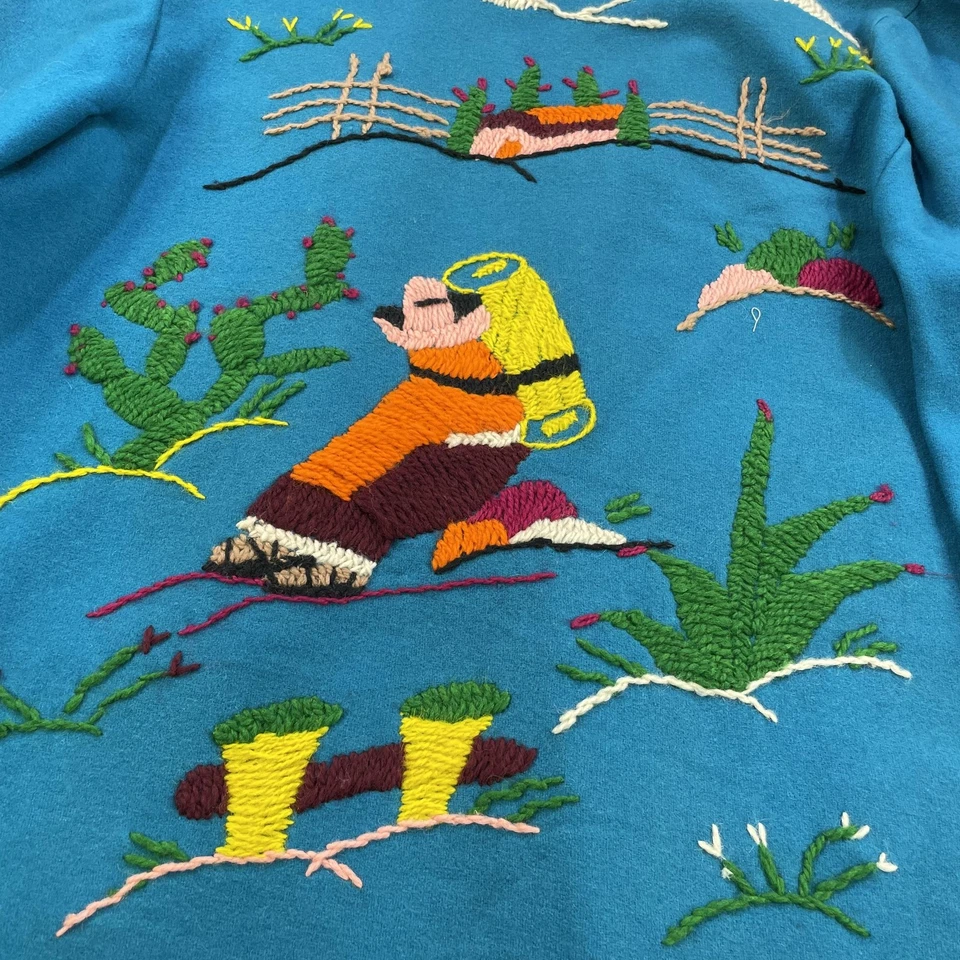 Chaqueta de arte popular bordada para mujer mediana turquesa frente abierto cactus hecha a mano Foto 3 de 4