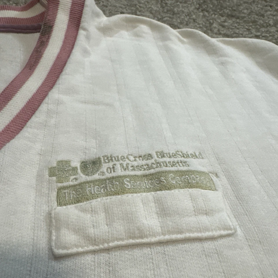 VTG 90s Blue Cross Blue Shield White Pink V-Neck Sweater Large USA Foto 4 de 4