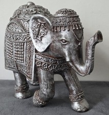 Large Ornate Silver Metal Elephant Statue - Indian Lucky Trunk Up Ornament 26cm