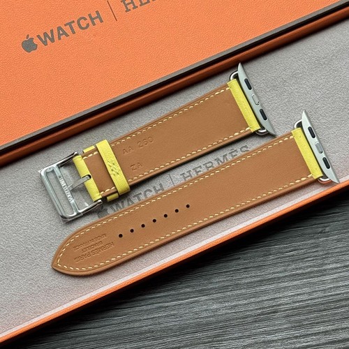 Bracelet Hermès Apple Watch en cuir jaune citron vert 45 mm compatible revêtement durable - Photo 4 sur 8
