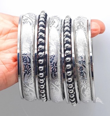 wide style Set of 11 Fashion Black & silver multi Layered metal Bangle Bracelets