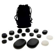 16 PC BASALT HOT STONE SET - HOT ROCKS MASSAGE FACIAL STONES KIT VELVET POUCH