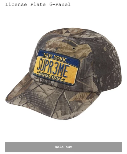 Chapeau Supreme plaque d'immatriculation 6 panneaux (SS25) camouflage OS NEUF EN MAIN envoi rapide ?