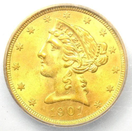 1901-S Liberty Gold Half Eagle $5 Coin - Certified ICG MS65 BU UNC - $2100 Value