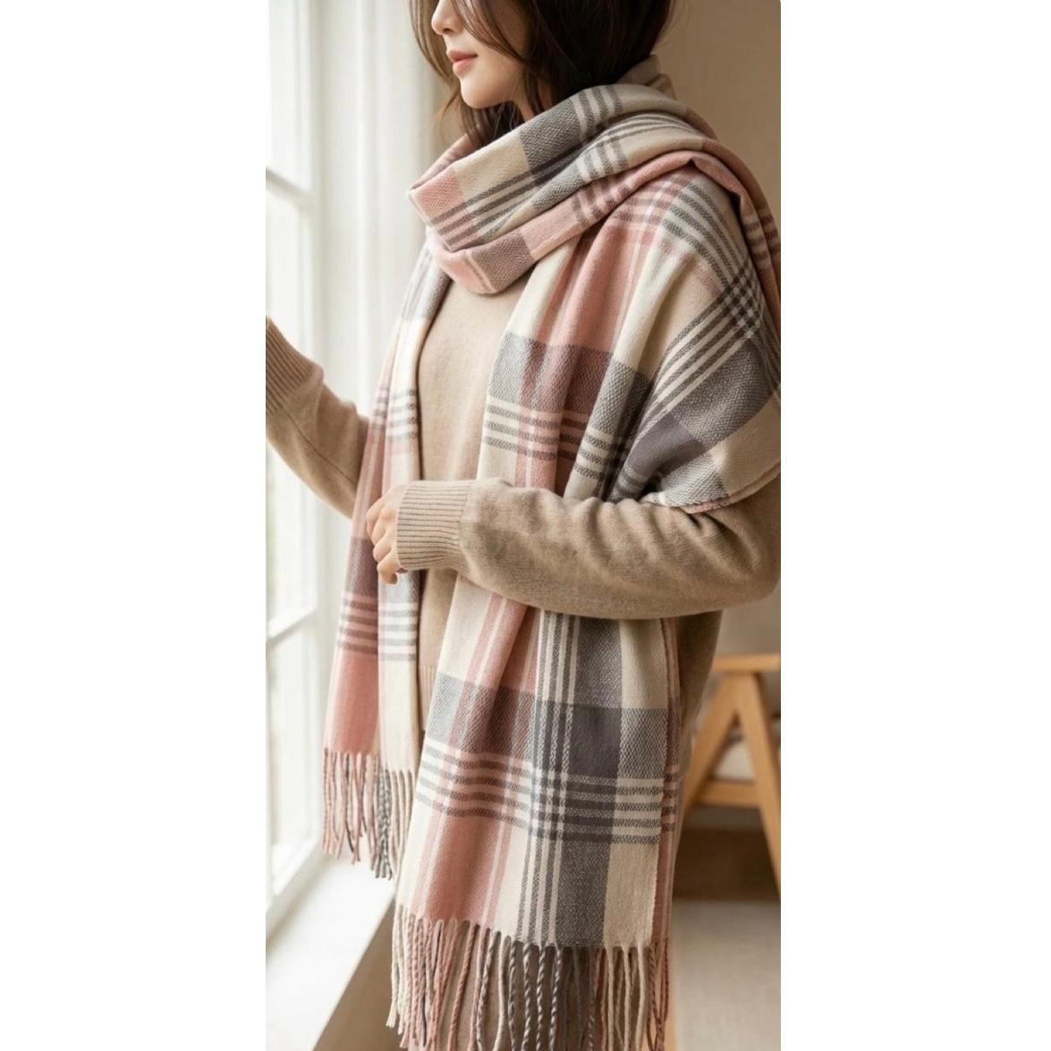 Scarf Plaid Oversized Warm Winter Shawl Wrap Cozy Fringe Blush Beige Gray thumbnail 3