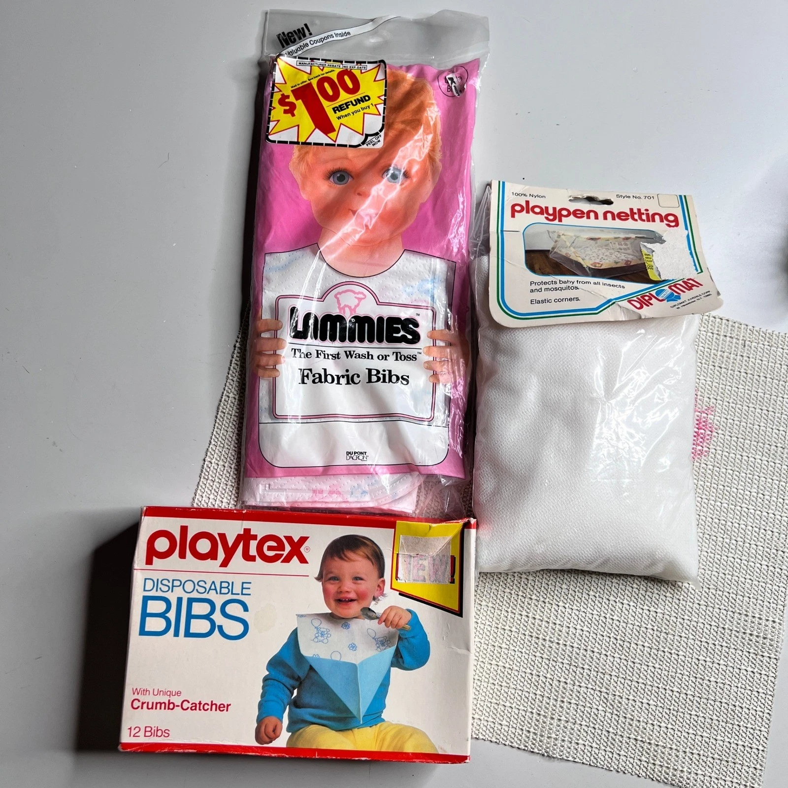 Vintage 1987 Playtex Disposable Bibs Lammies Fabric Bibs & Playpen Netting Set