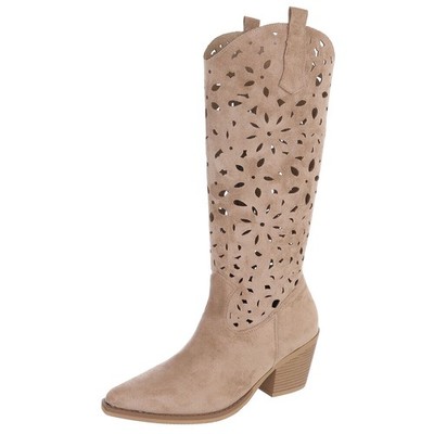 Ladies Perforated Look Cowboy Boots Ital Design 1869 in Tan