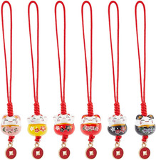 7pcs Lucky Cat Keychains Ceramic Beckoning Cat Charms Keyrings Pendant Maneki...
